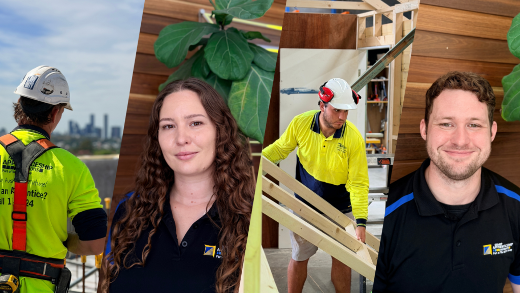 A collage featuring a roofer, a woman with long curly hair, an indoor woodworker, and a smiling man, all in branded shirts with support by Smart Apprenticeship Solutions.